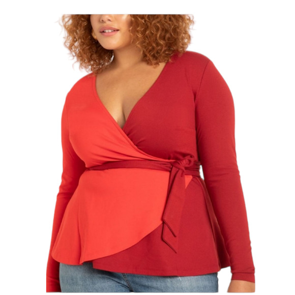 ELOQUII Colorblock Wrap Top Red Goji Berry Stretch Knit NWT Womens Size Plus 24W - Picture 1 of 14
